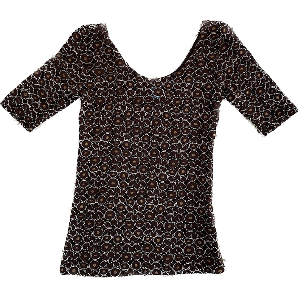 Brown Flower Mesh Scoop Neck Fitted Top